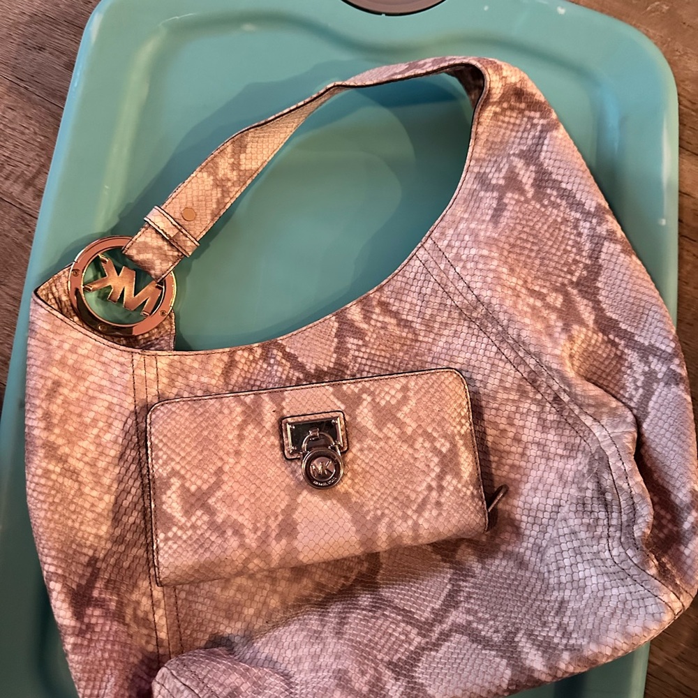 Michael Kors Beige Snake Print Hobo Bag and Wallet